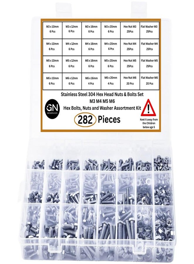 GENERASIS Nuts and Bolts Set | Metric Size M3 M4 M5 M6 | 304 Stainless Steel Hex Bolts, Nuts & Washers Assortment Kit with Storage Box (282 Pieces Regular Kit) - Image 1